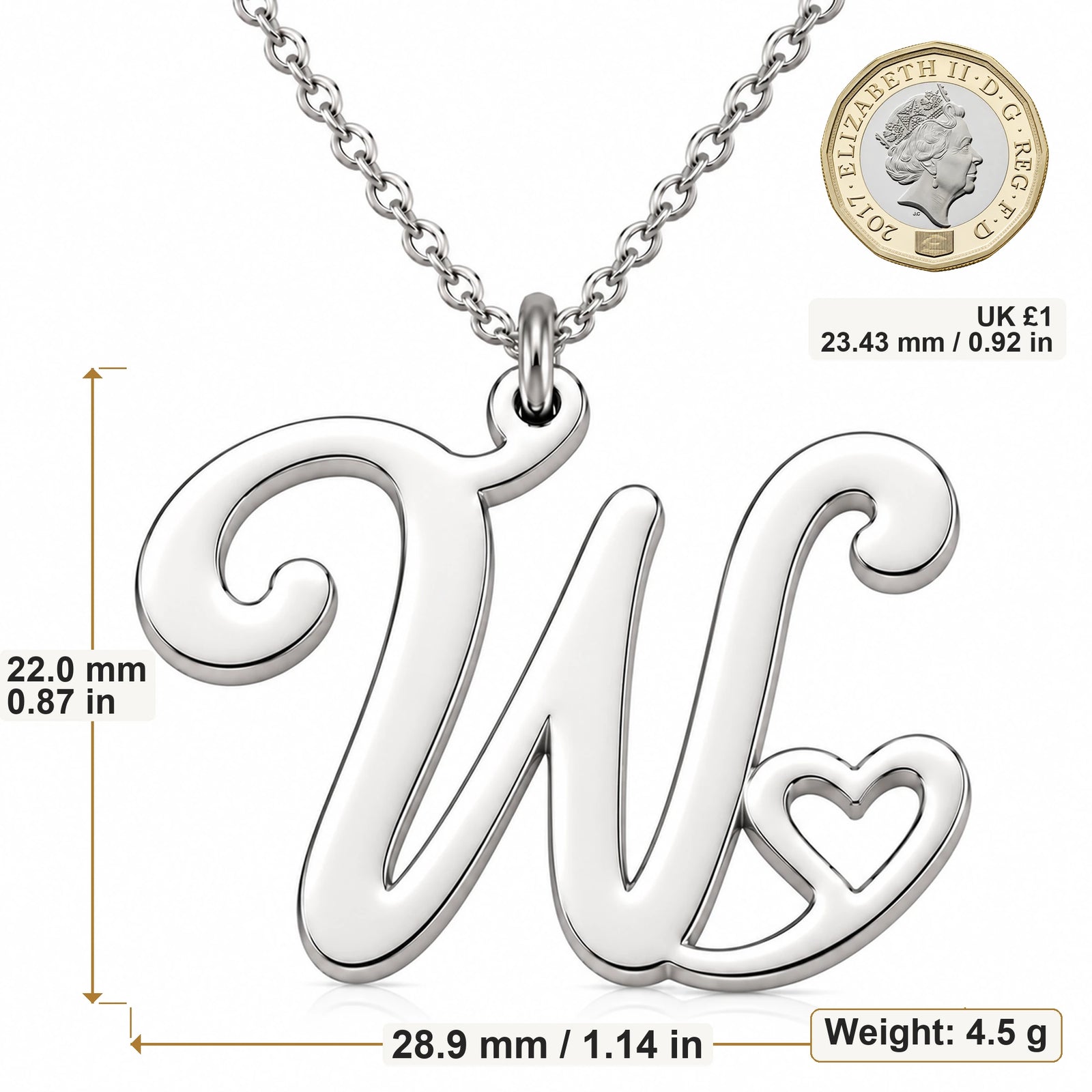 W Initial Heart pendant necklace size image showing 22 mm height and 28.9 mm width and 4.5 g weight