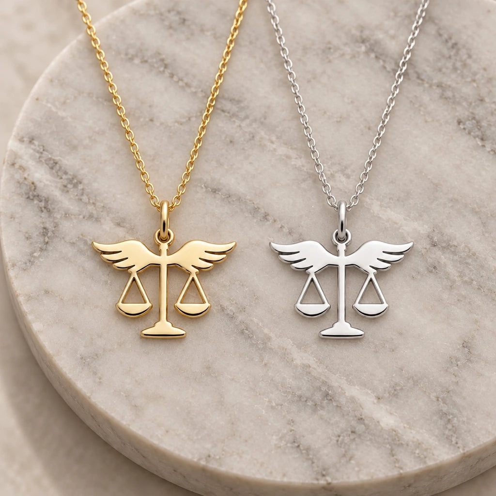Winged Scales of Justice pendant necklace in silver and gold finishes side by side