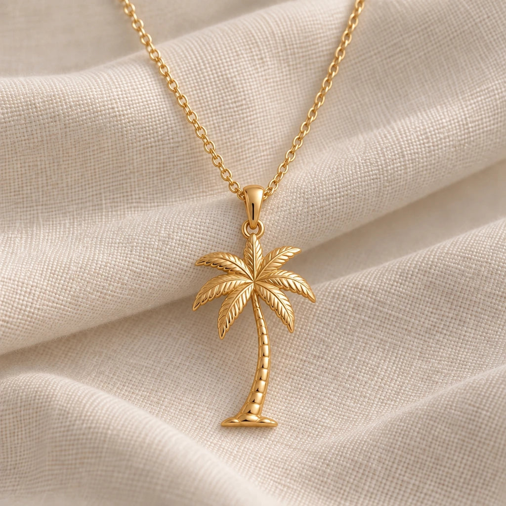 Palm Breeze Leaning Tree pendant necklace in an 18k gold plated finish