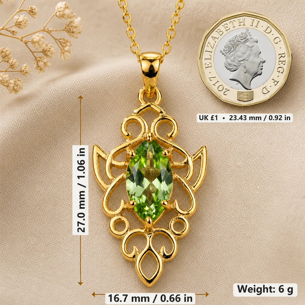 Elven Scroll Birthstone Pendant Necklace size guide, 27 by 16.7 mm