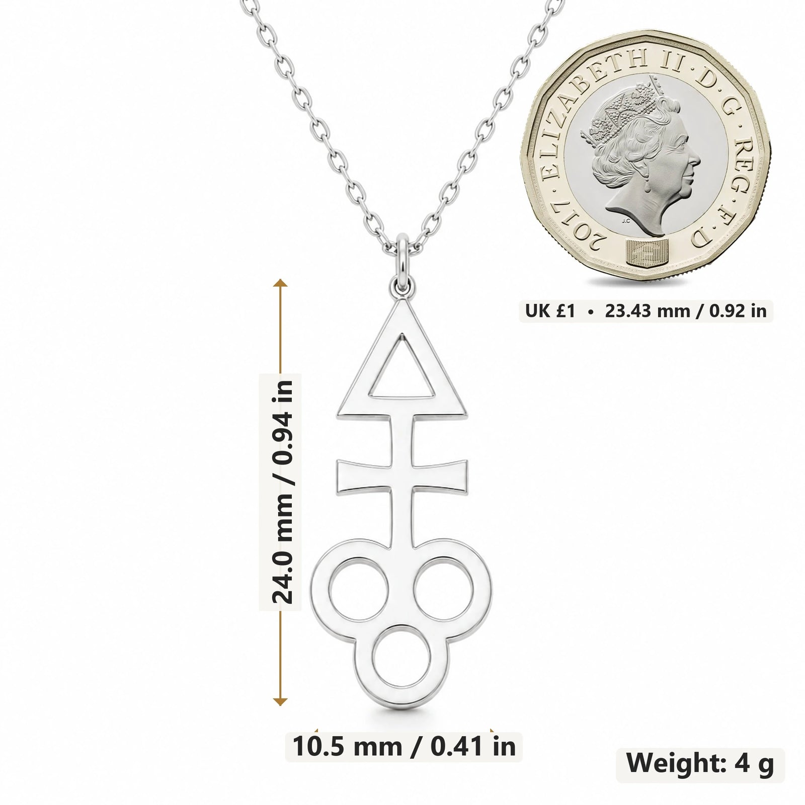 Dionysus Symbol pendant necklace size image showing 24.0 mm height, 10.5 mm width and 4 g weight