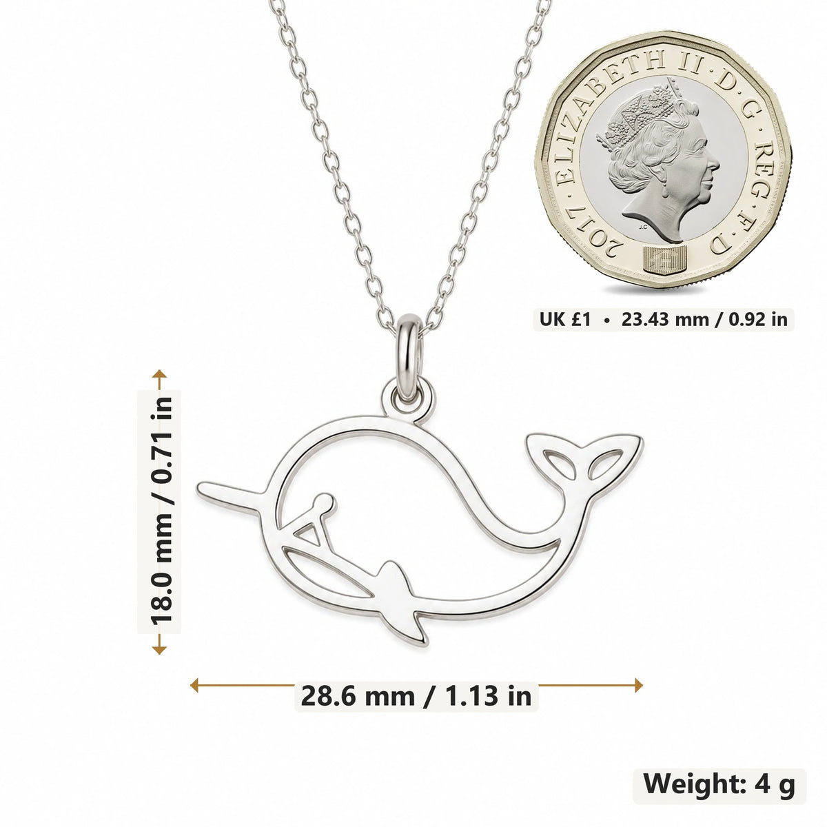 Whale Outline pendant necklace size image showing 18.0 mm height, 28.6 mm width and 4 g weight