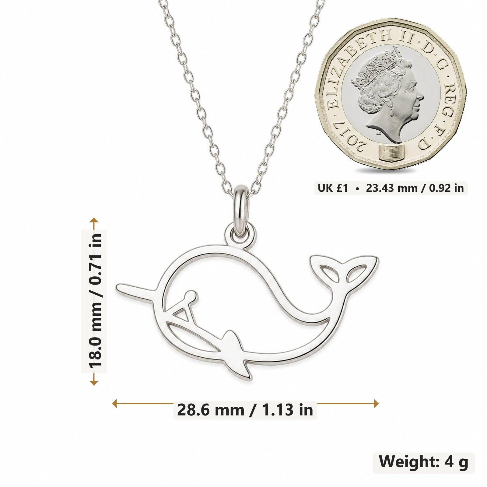 Whale Outline pendant necklace size image showing 18.0 mm height, 28.6 mm width and 4 g weight