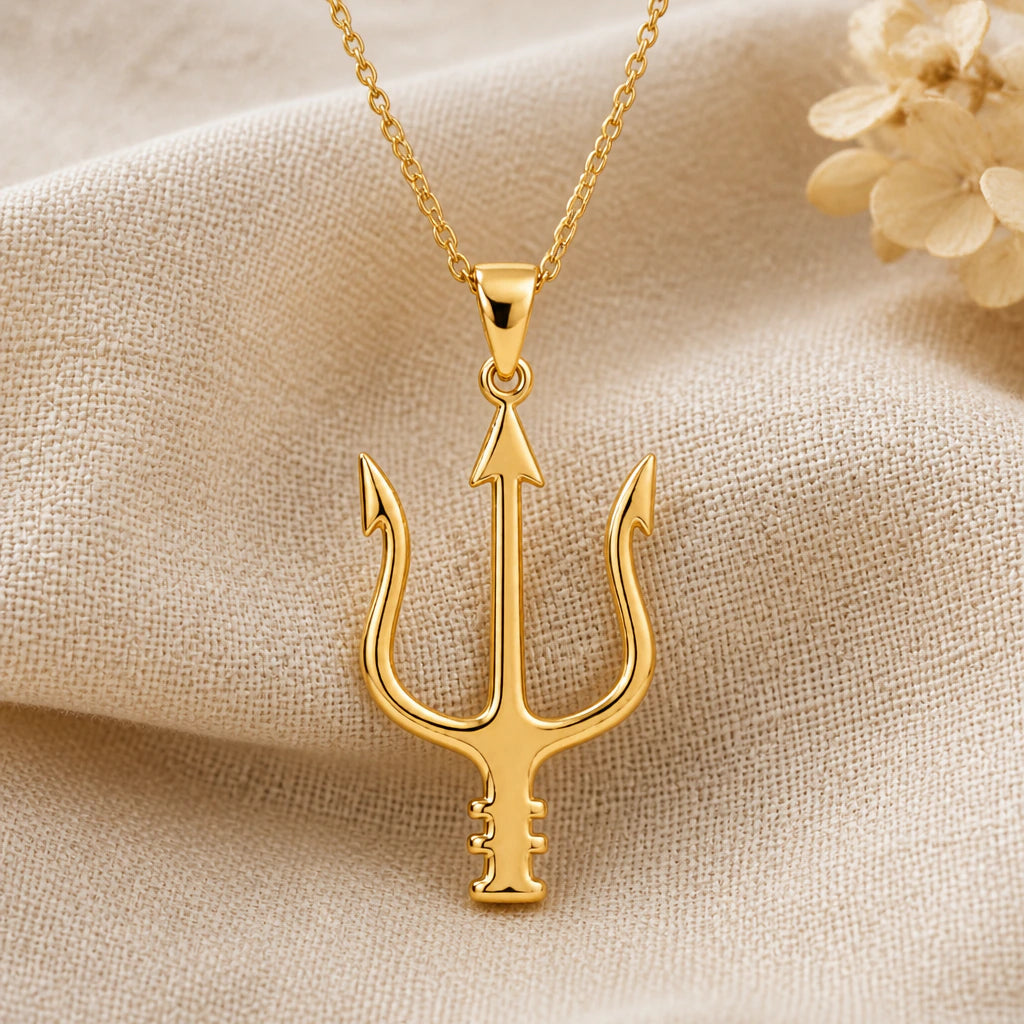 Neptune Trident pendant necklace in a warm gold finish on cream fabric