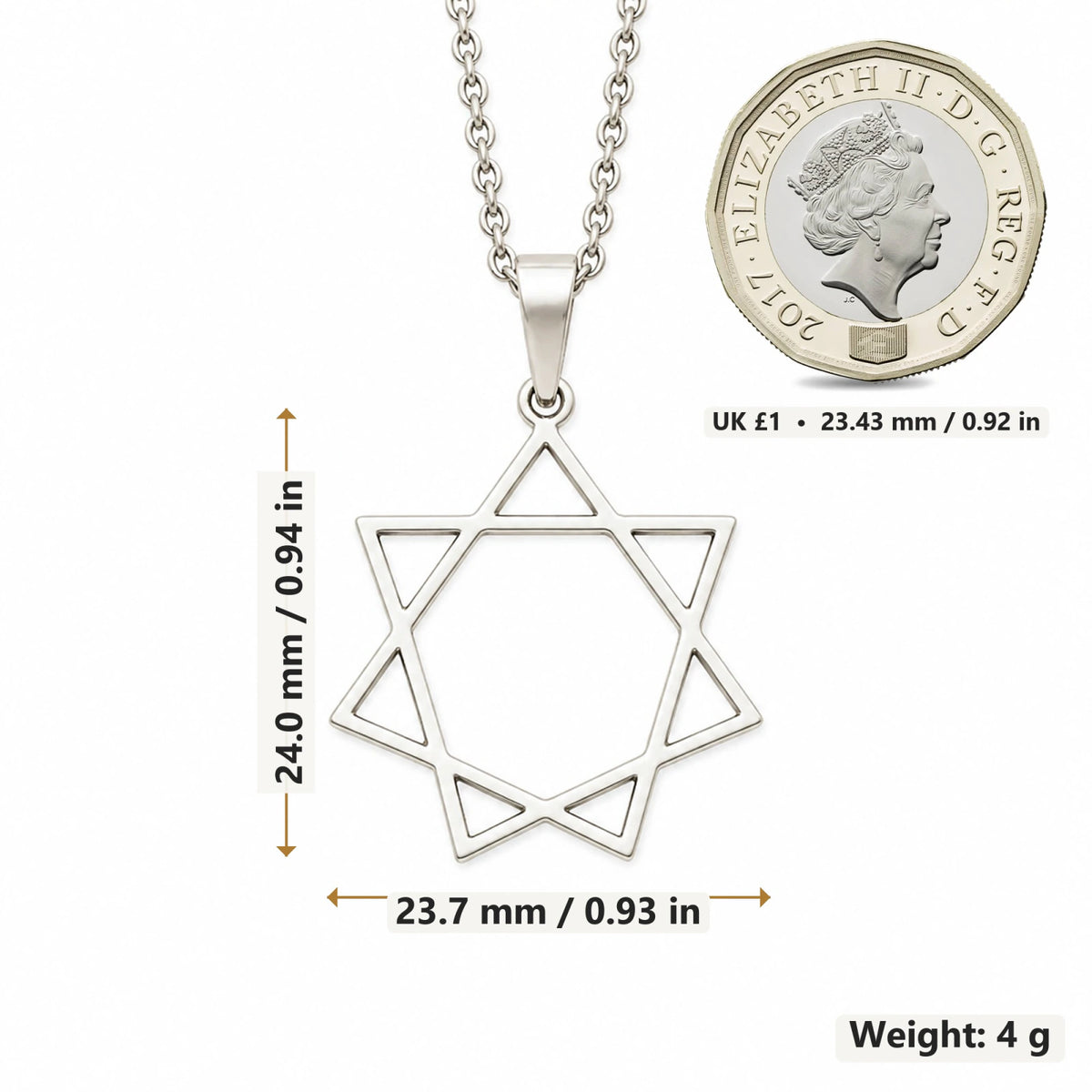 Seven Pointed Star pendant necklace size image showing 24 mm height and 23.7 mm width and 4 g weight