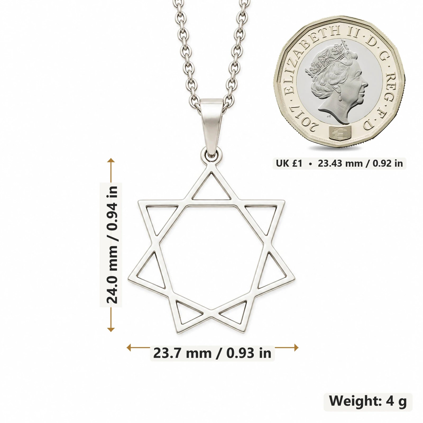 Seven Pointed Star pendant necklace size image showing 24 mm height and 23.7 mm width and 4 g weight