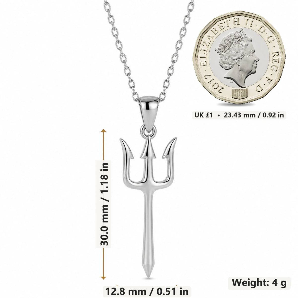 Trident pendant necklace size image showing 30 mm height and 12.8 mm width and 4 g weight