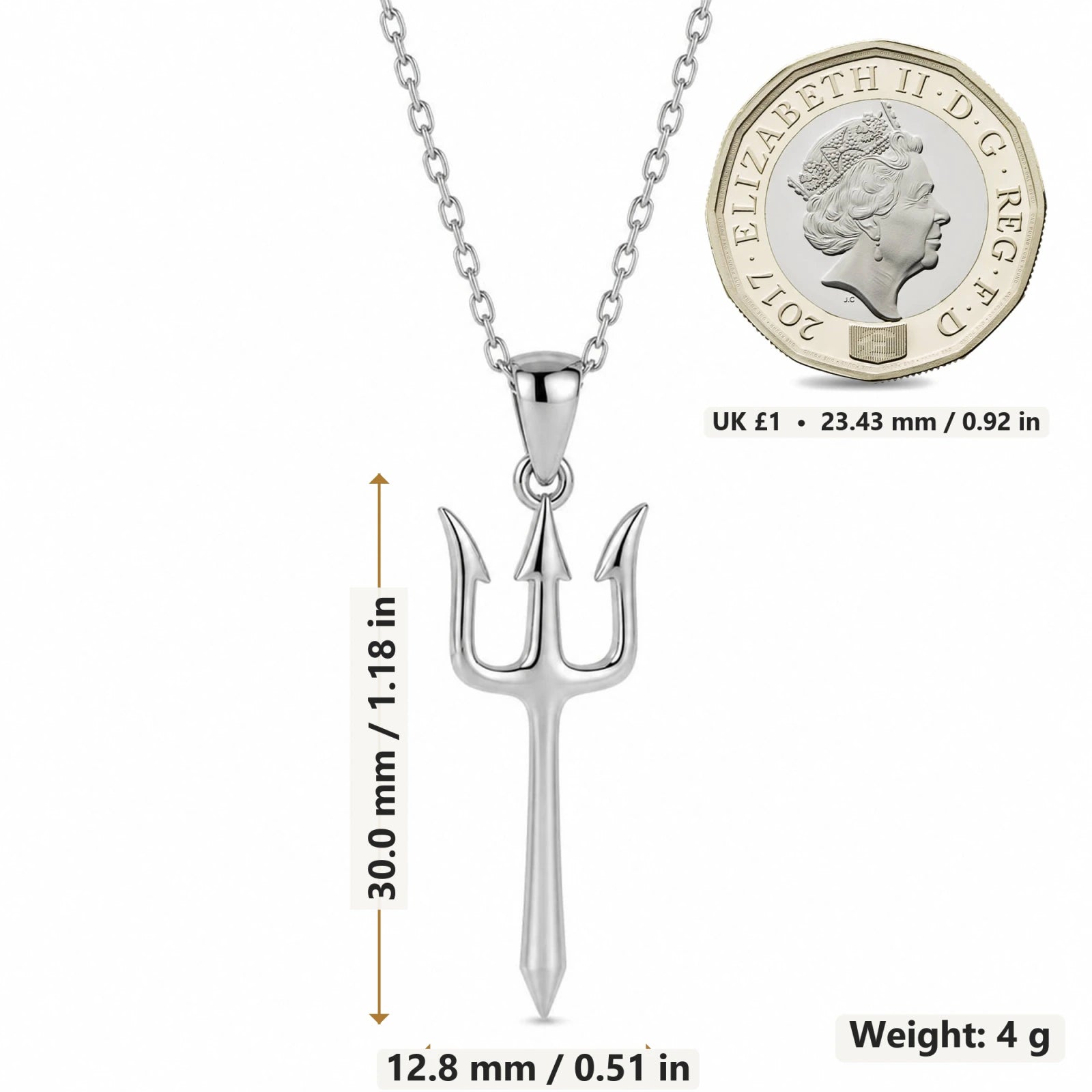 Trident pendant necklace size image showing 30 mm height and 12.8 mm width and 4 g weight