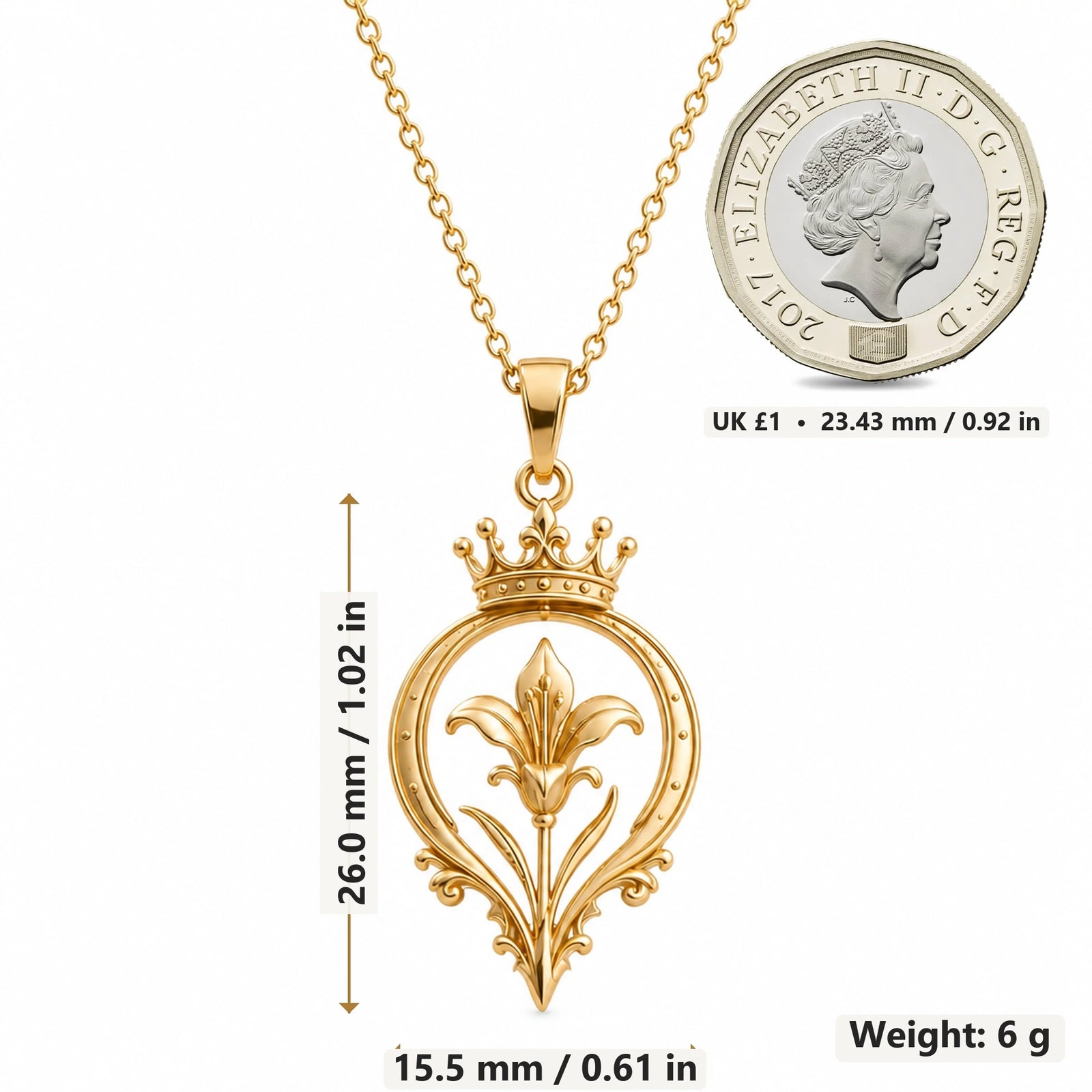 Monarch Lily Halo pendant necklace size image showing 26.0 mm height, 15.5 mm width and 6 g weight