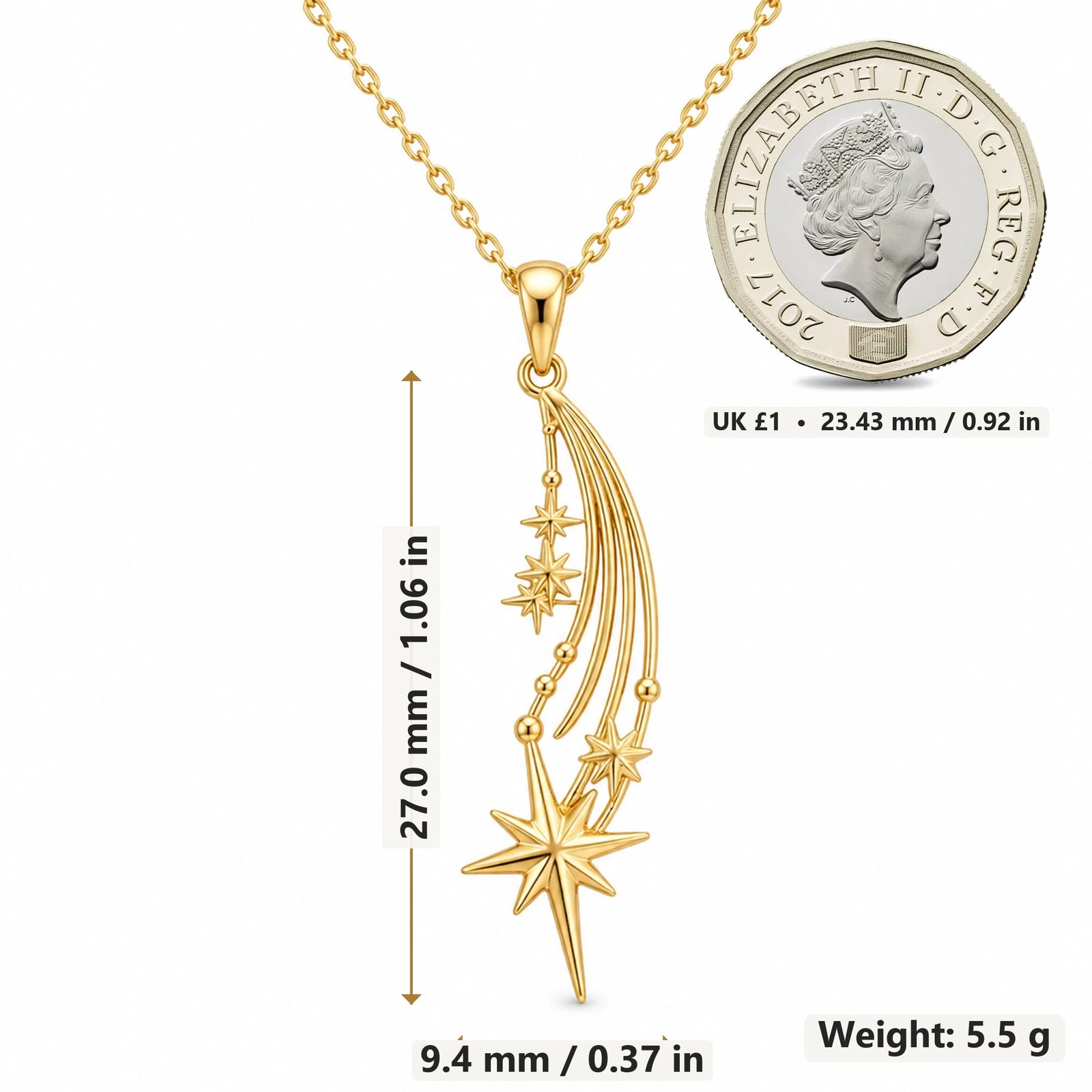 Falling Star Comet pendant necklace size image showing 27.0 mm height, 9.4 mm width and 5.5 g weight