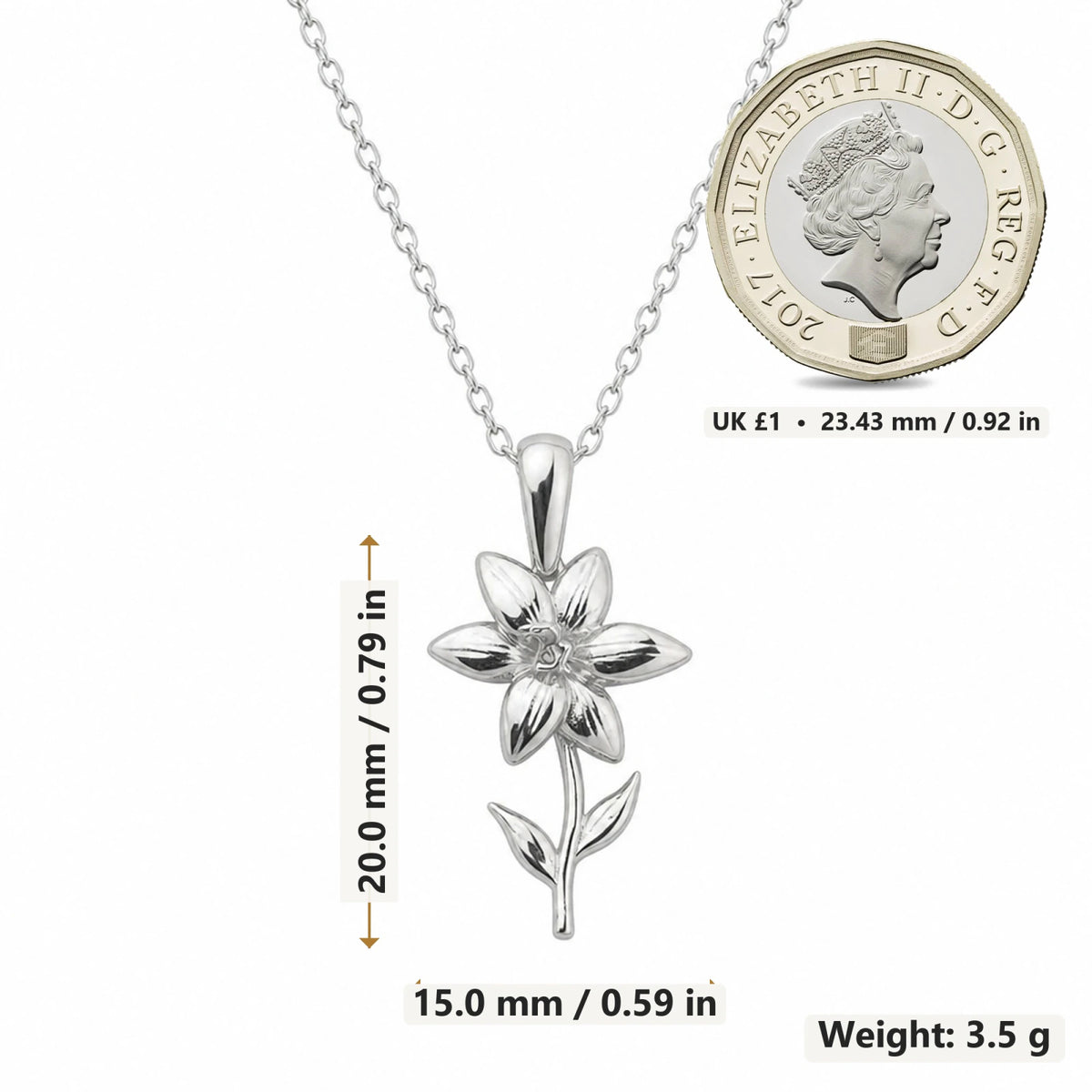 Single Lily Flower pendant necklace size image showing 20 mm height and 15 mm width and 3.5 g weight