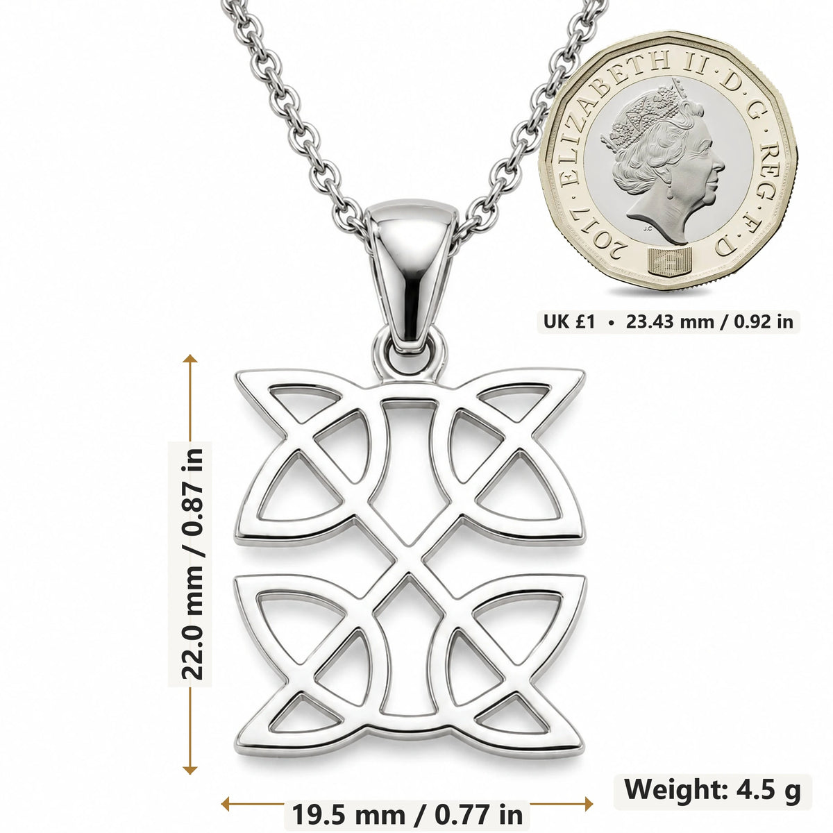 Celtic Square Knot pendant necklace size image showing 22.0 mm height, 19.5 mm width and 4.5 g weight