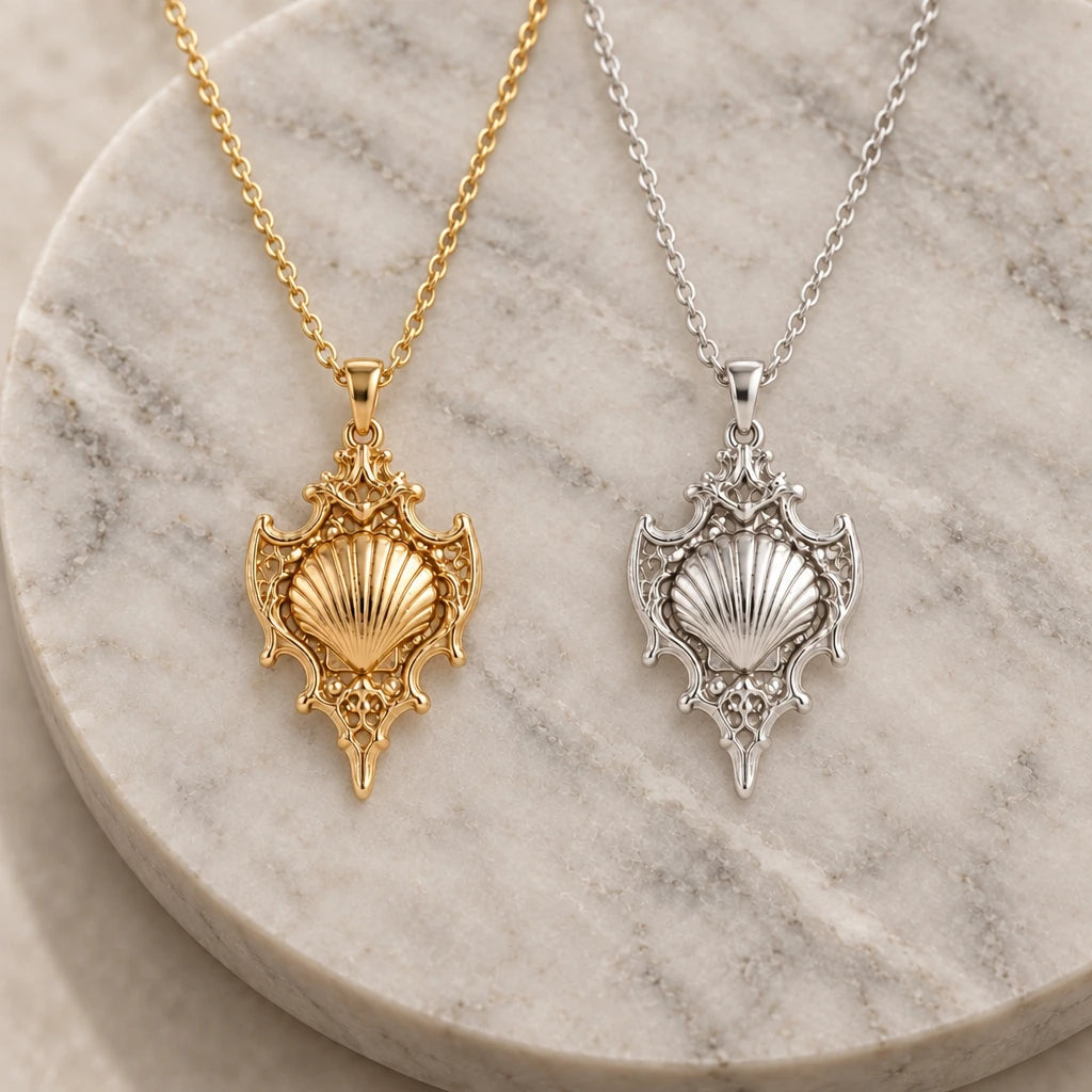 Sacred Shell Relic pendant necklace in silver and gold finishes side by side
