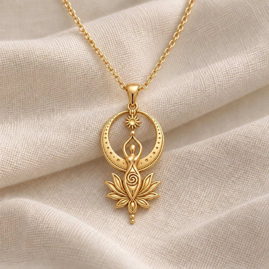 Divine Feminine Goddess pendant necklace in an 18k gold plated finish
