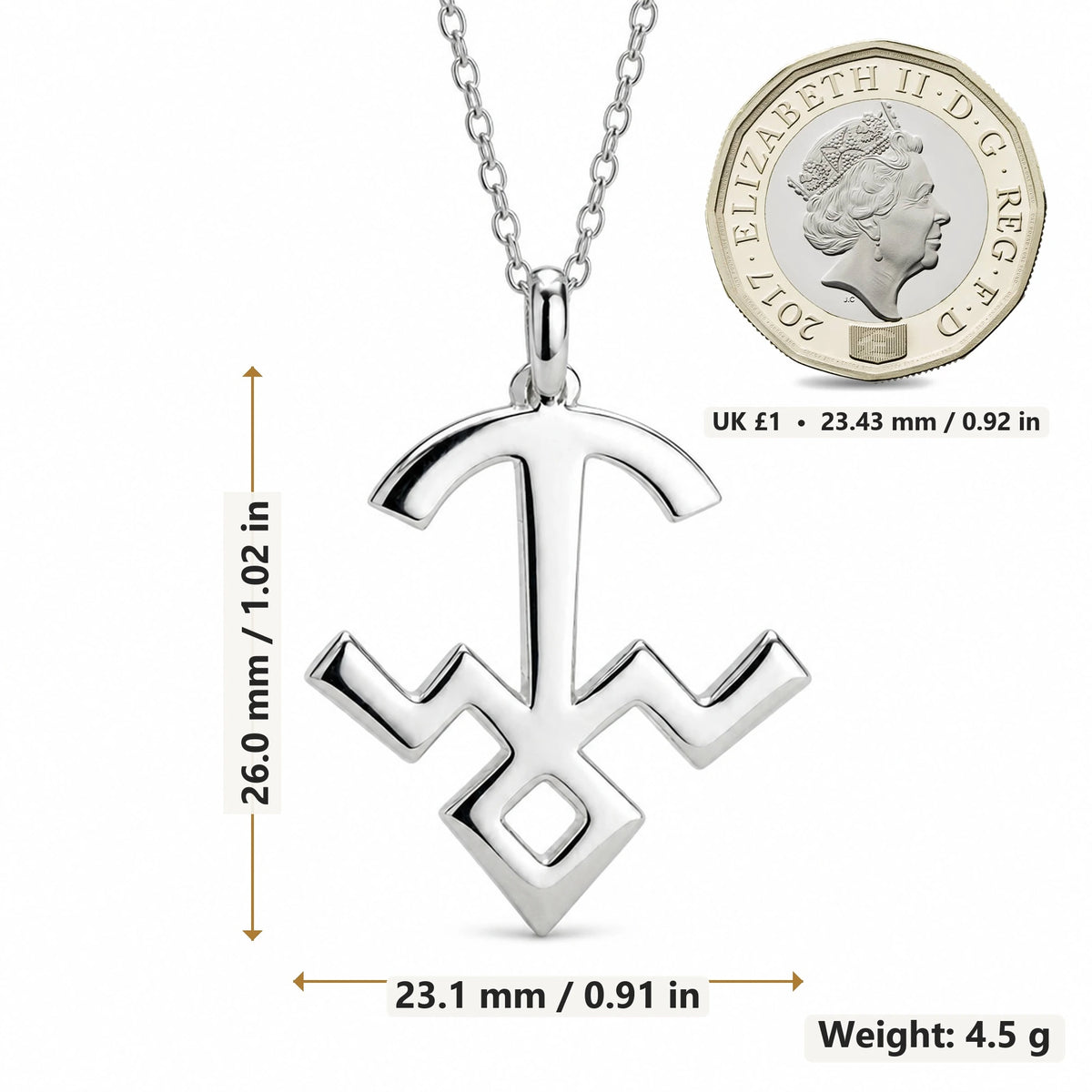 Mula Nakshatra Symbol pendant necklace size image showing 26.0 mm height, 23.1 mm width and 4.5 g weight