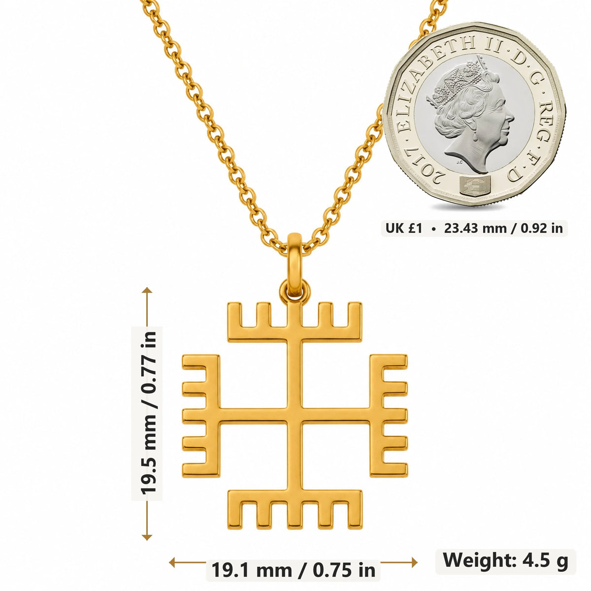 Stepped Sun Cross pendant necklace size image showing 19.5 mm height, 19.1 mm width and 4.5 g weight
