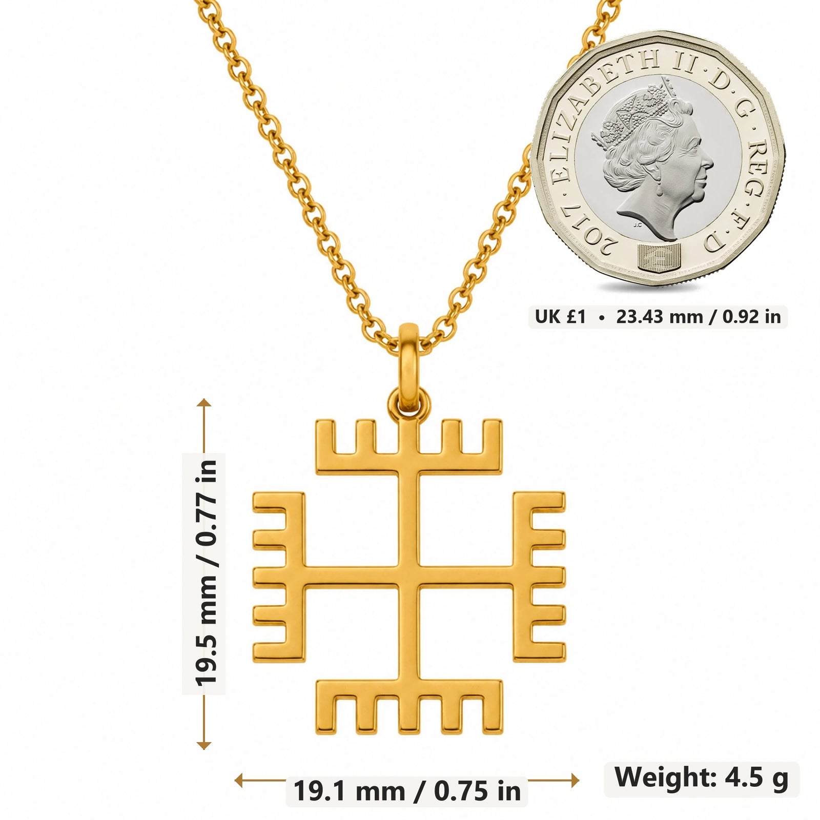 Stepped Sun Cross pendant necklace size image showing 19.5 mm height, 19.1 mm width and 4.5 g weight
