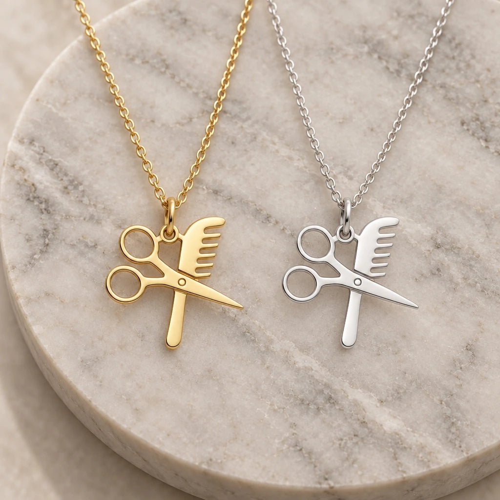Hairdresser Scissors and Comb pendant necklace in silver and gold finishes side by side