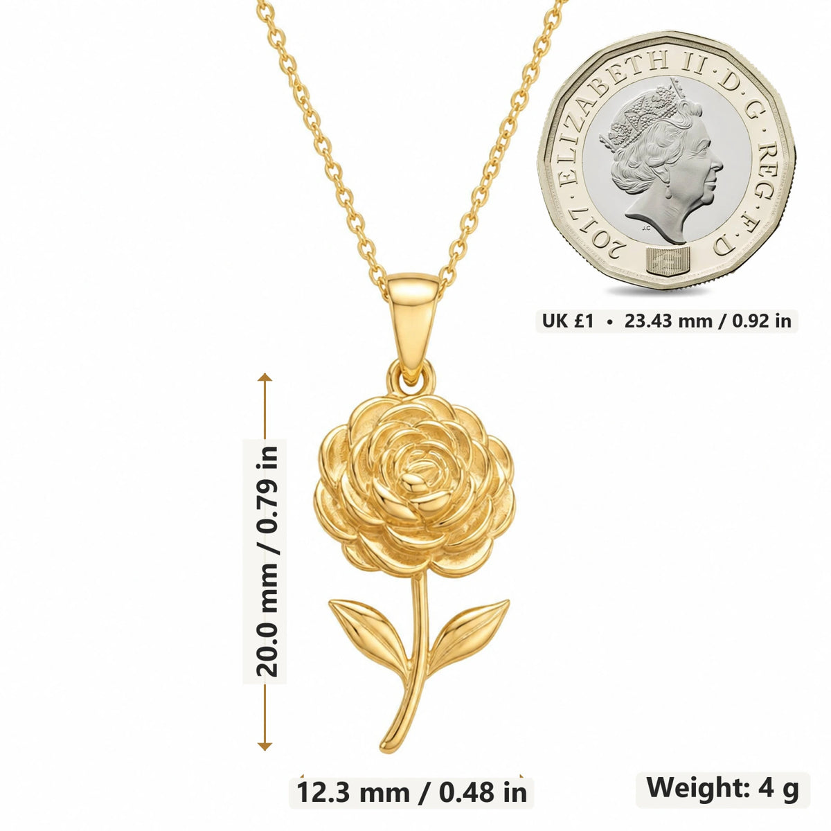 Ranunculus Flower pendant necklace size image showing 20 mm height and 12.3 mm width and 4 g weight