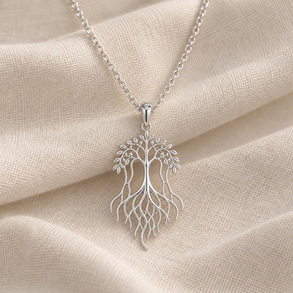 925 sterling silver banyan flow roots tree pendant necklace on cream fabric