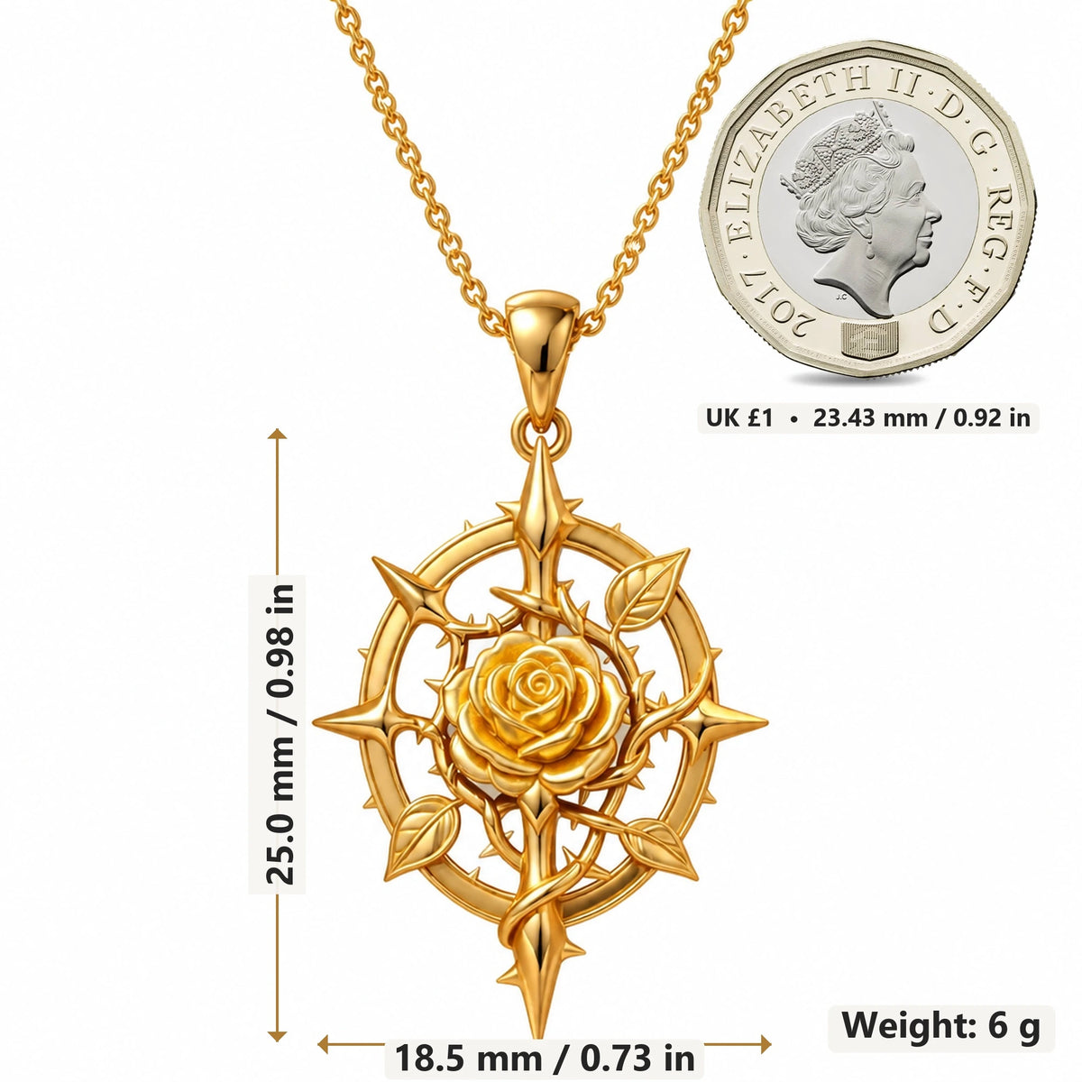Rose Thorn Compass pendant necklace size image showing 25.0 mm height, 18.5 mm width and 6 g weight