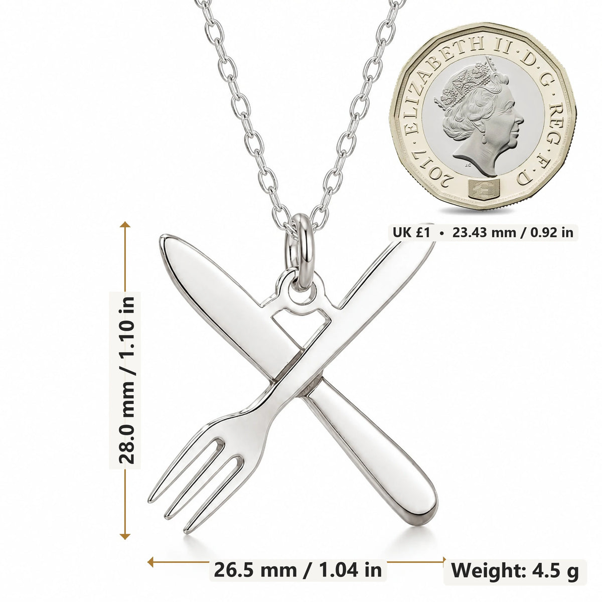Chef Fork and Knife pendant necklace size image showing 28.0 mm height, 26.5 mm width and 4.5 g weight
