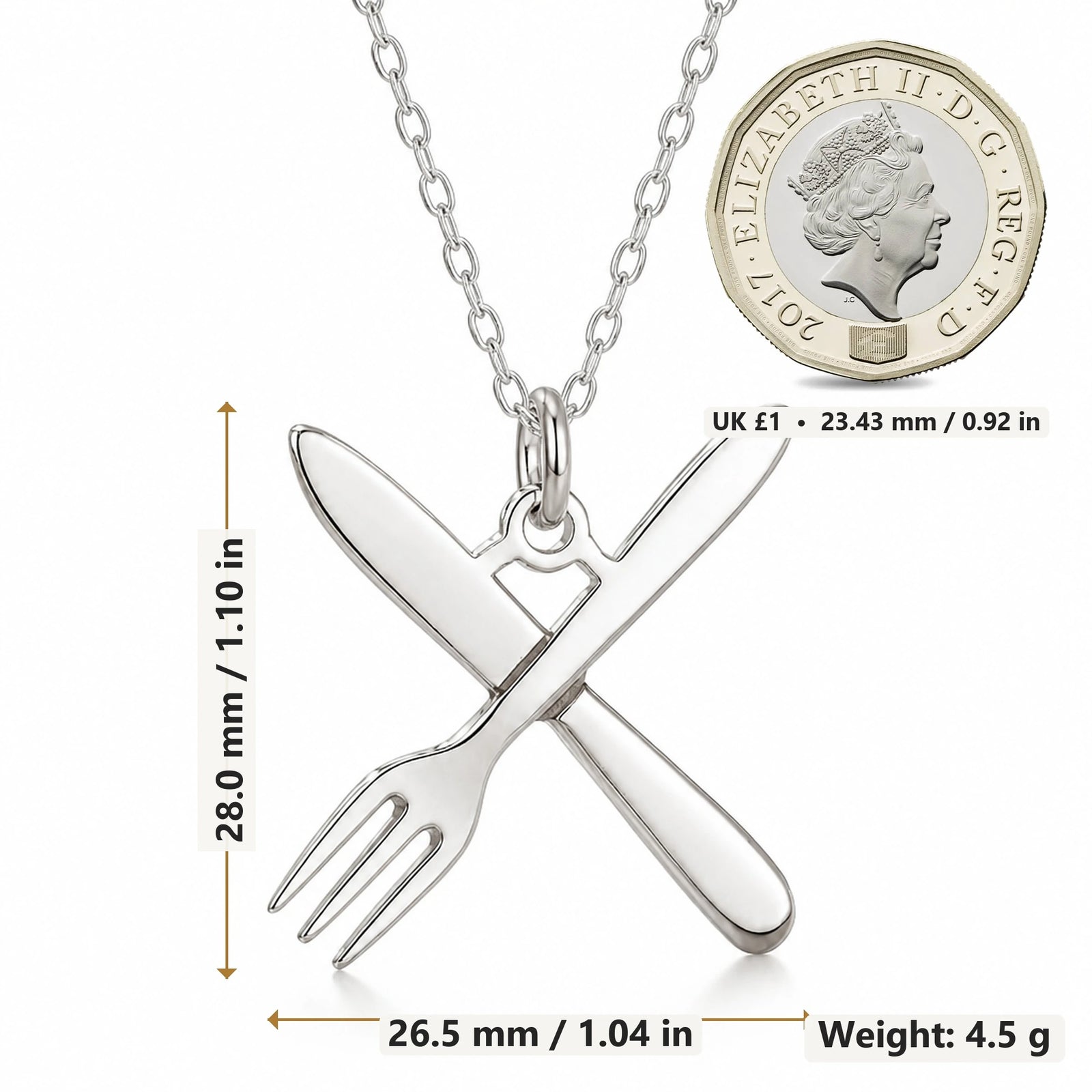 Chef Fork and Knife pendant necklace size image showing 28.0 mm height, 26.5 mm width and 4.5 g weight