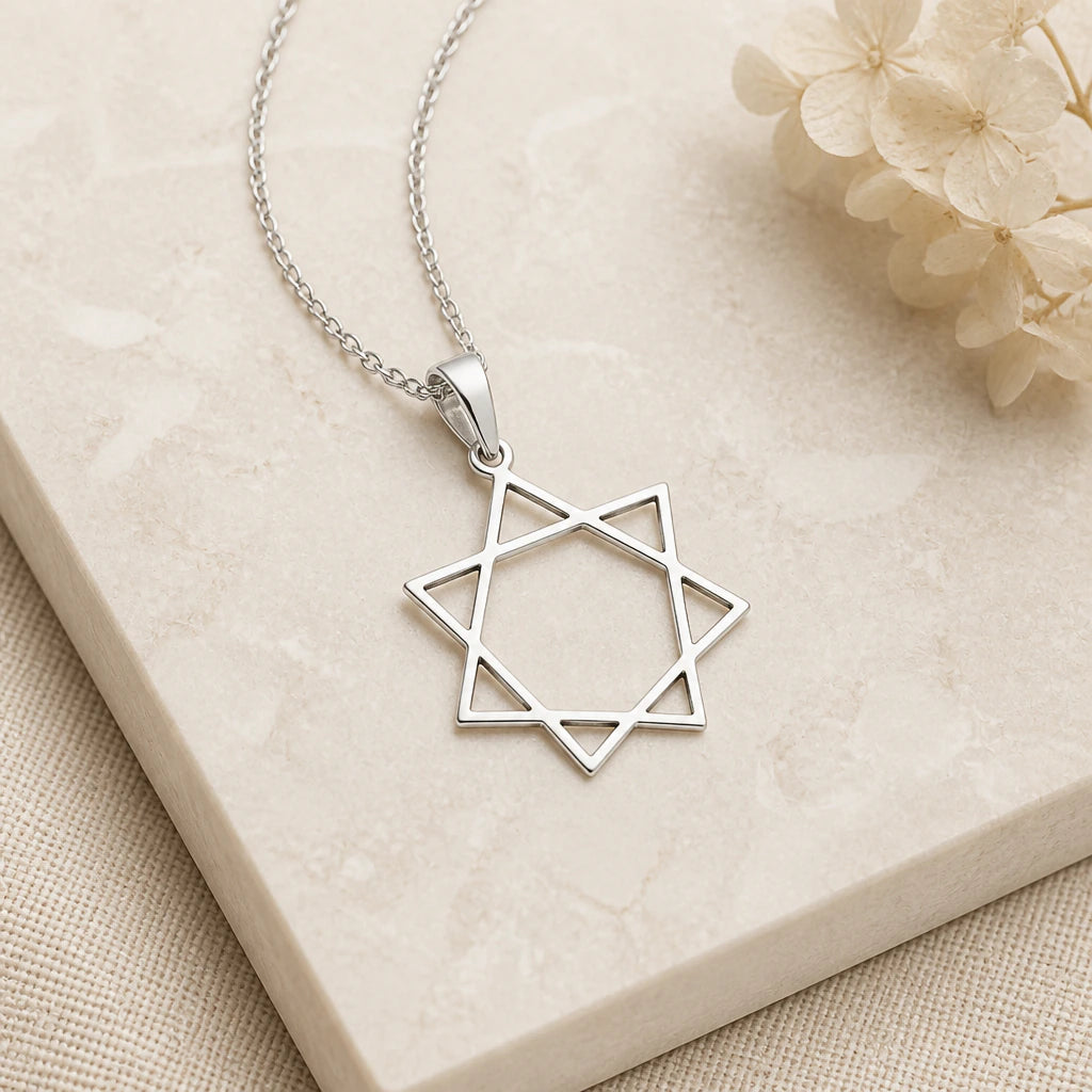 Close-up of silver seven pointed star pendant showing the sculpted detail