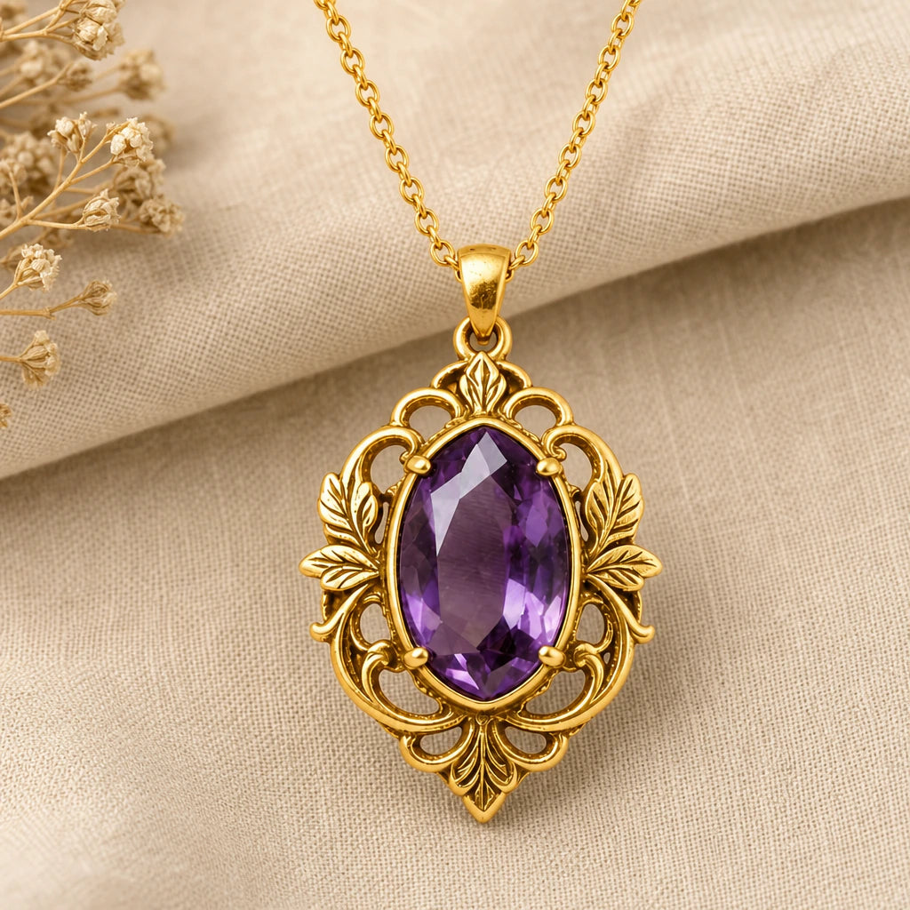 Leafy Oval Birthstone Pendant Necklace in 18k gold plated sterling silver
