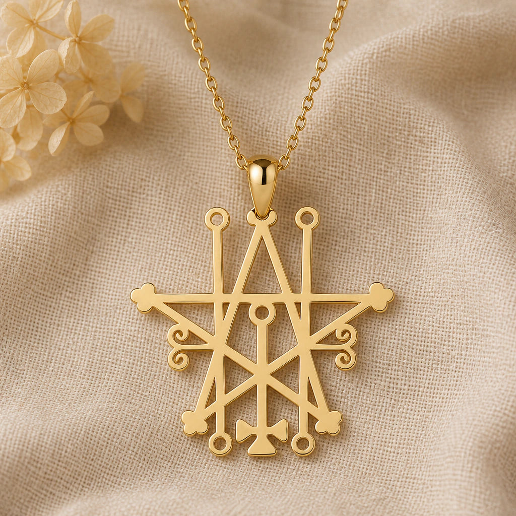 Astaroth Sigil pendant necklace in a warm gold finish on cream fabric