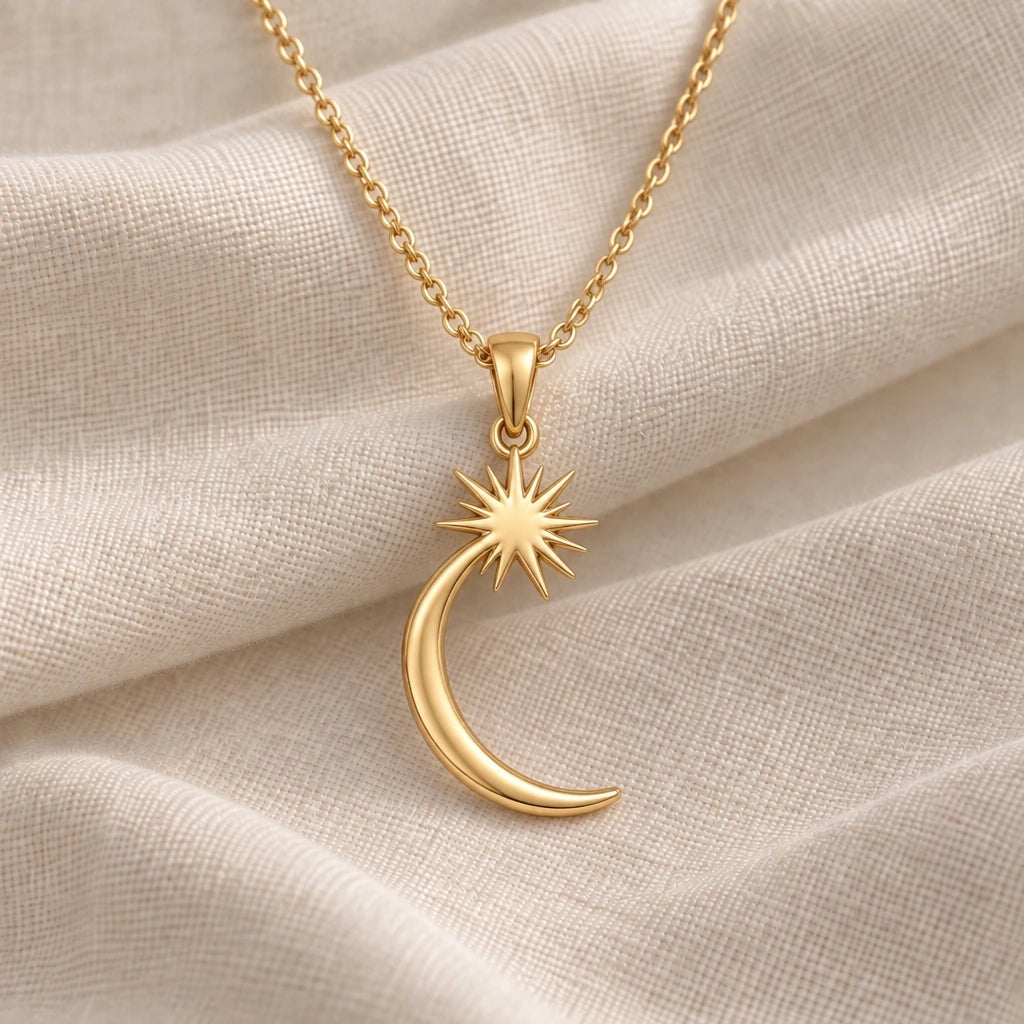Crescent Moon Sunburst pendant necklace in an 18k gold plated finish