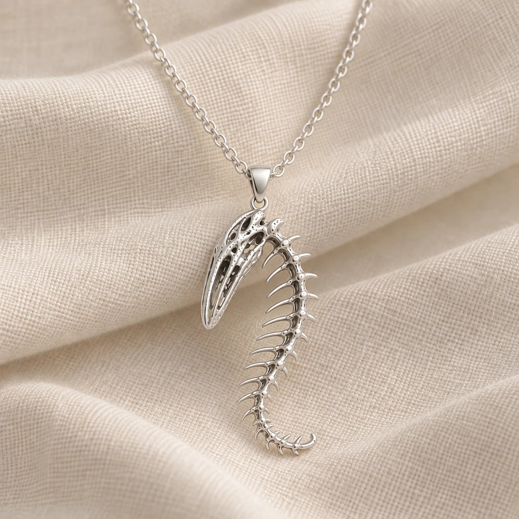 925 sterling silver whale spine relic pendant necklace on cream fabric