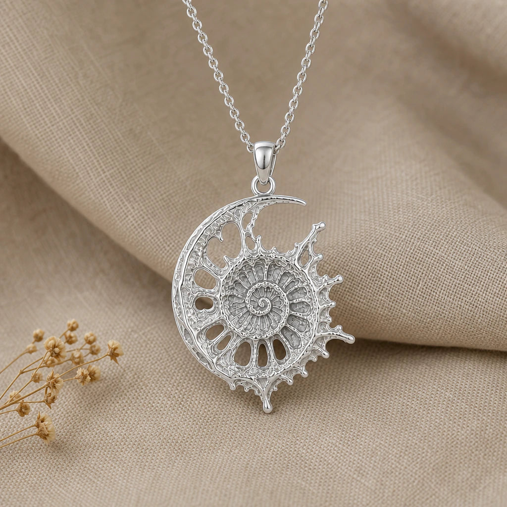 Celestial Ammonite Fossil Pendant Necklace in sterling silver, second view