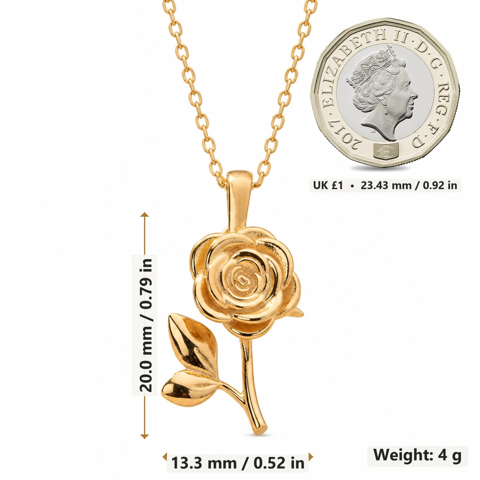 Rose Birth Flower pendant necklace size image showing 20 mm height and 13.3 mm width and 4 g weight