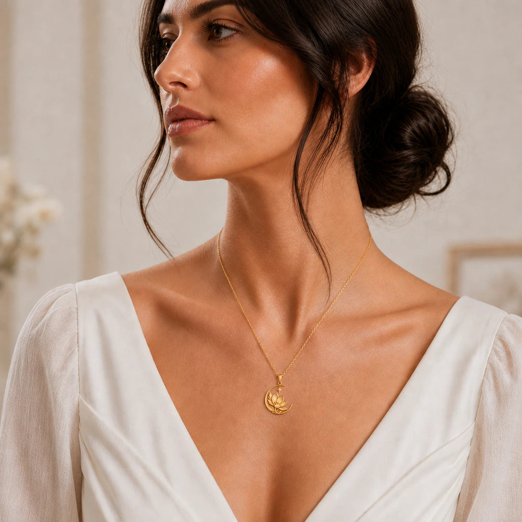 Royal Magnolia Crescent Moon Pendant Necklace worn