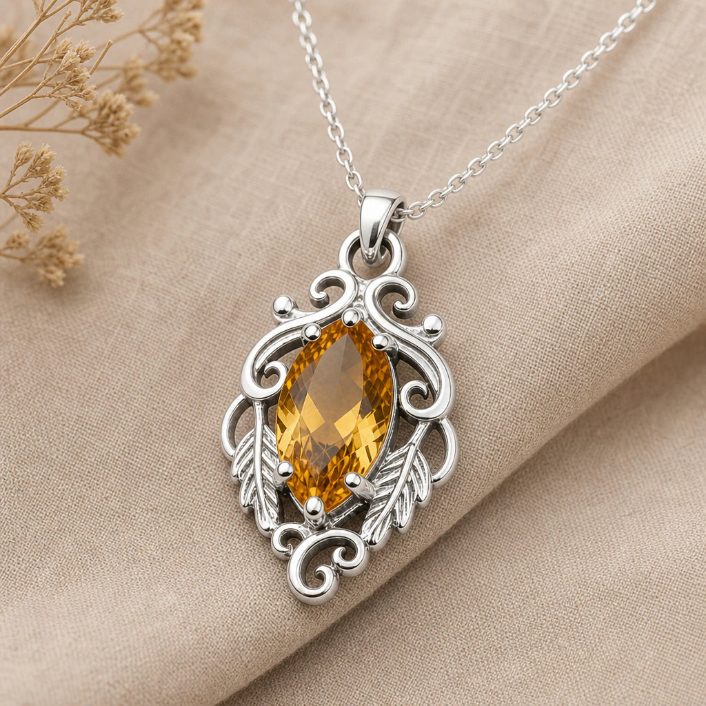 Scroll and Leaf Marquise Birthstone Pendant Necklace in sterling silver