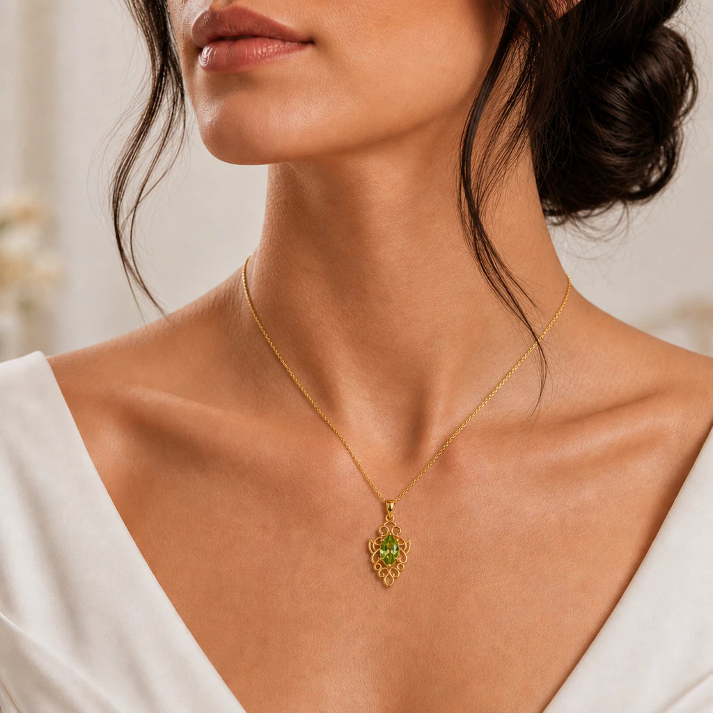 Elven Scroll Birthstone Pendant Necklace worn, second view