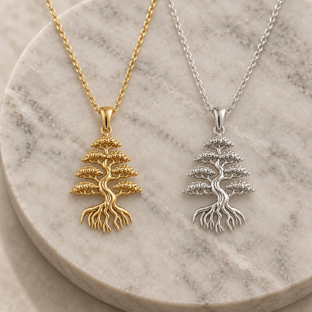 Cedar Crown Bonsai pendant necklace in silver and gold finishes side by side