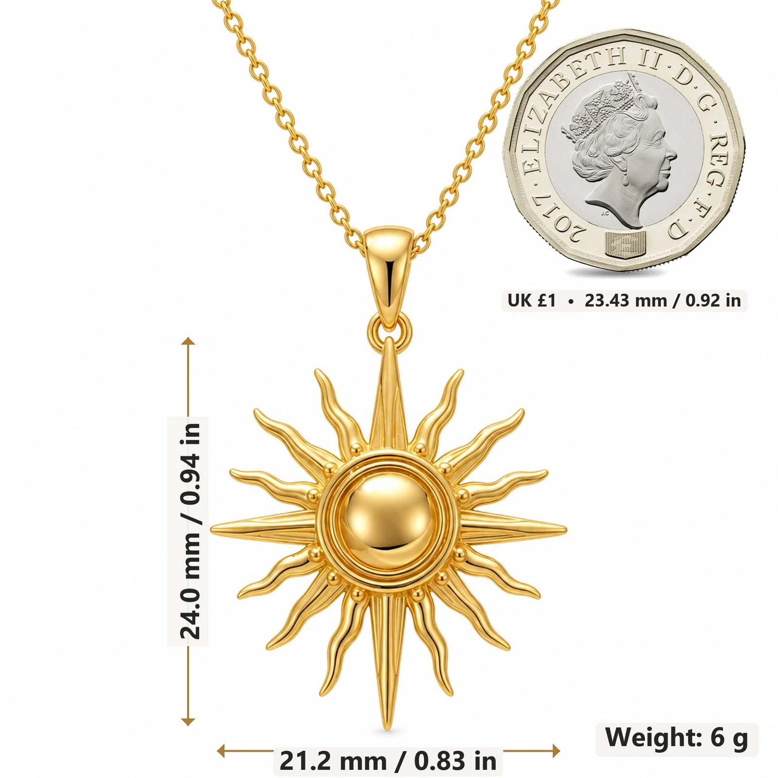 Sun Relic pendant necklace size image showing 24.0 mm height, 21.2 mm width and 6 g weight