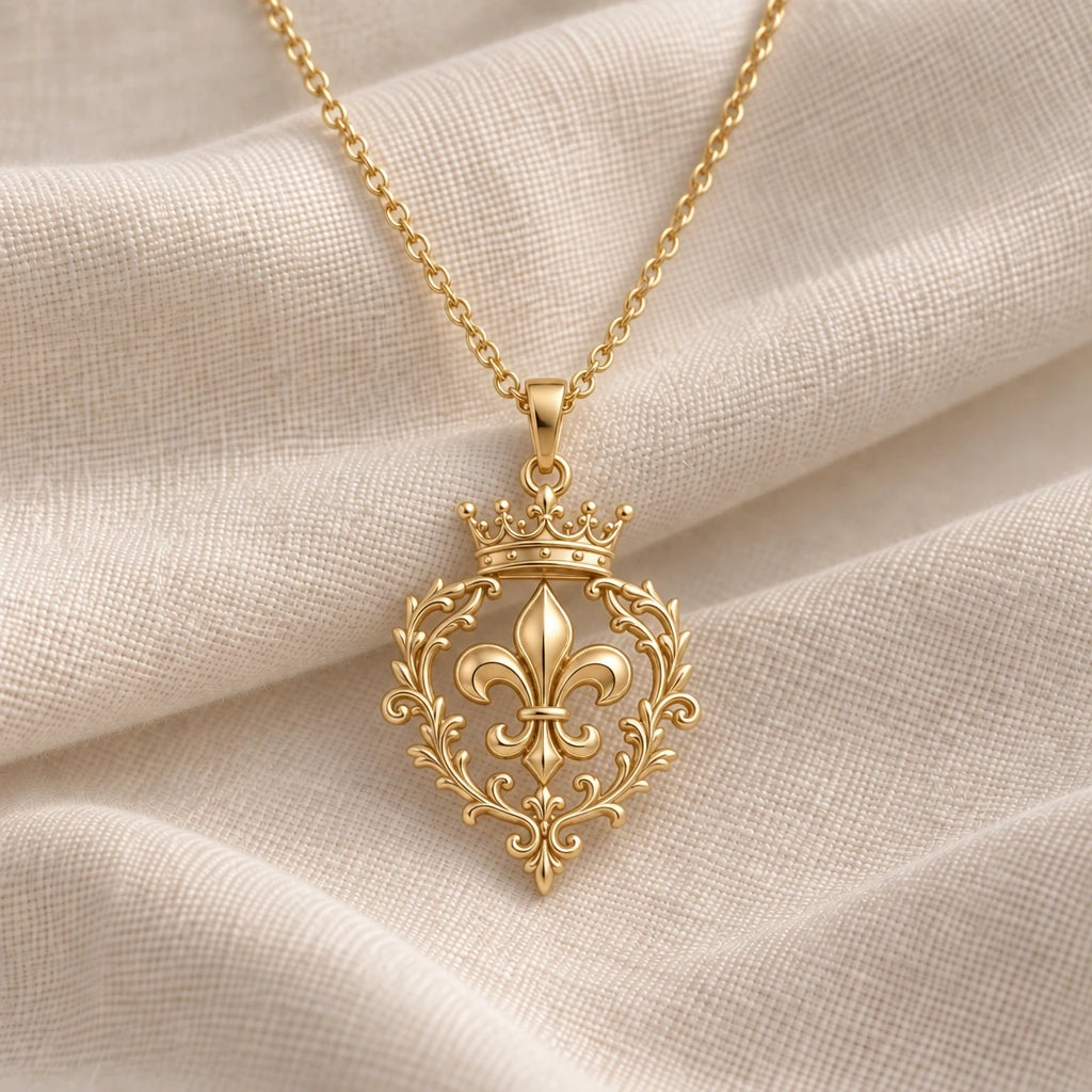 Sovereign Fleur Crest pendant necklace in an 18k gold plated finish