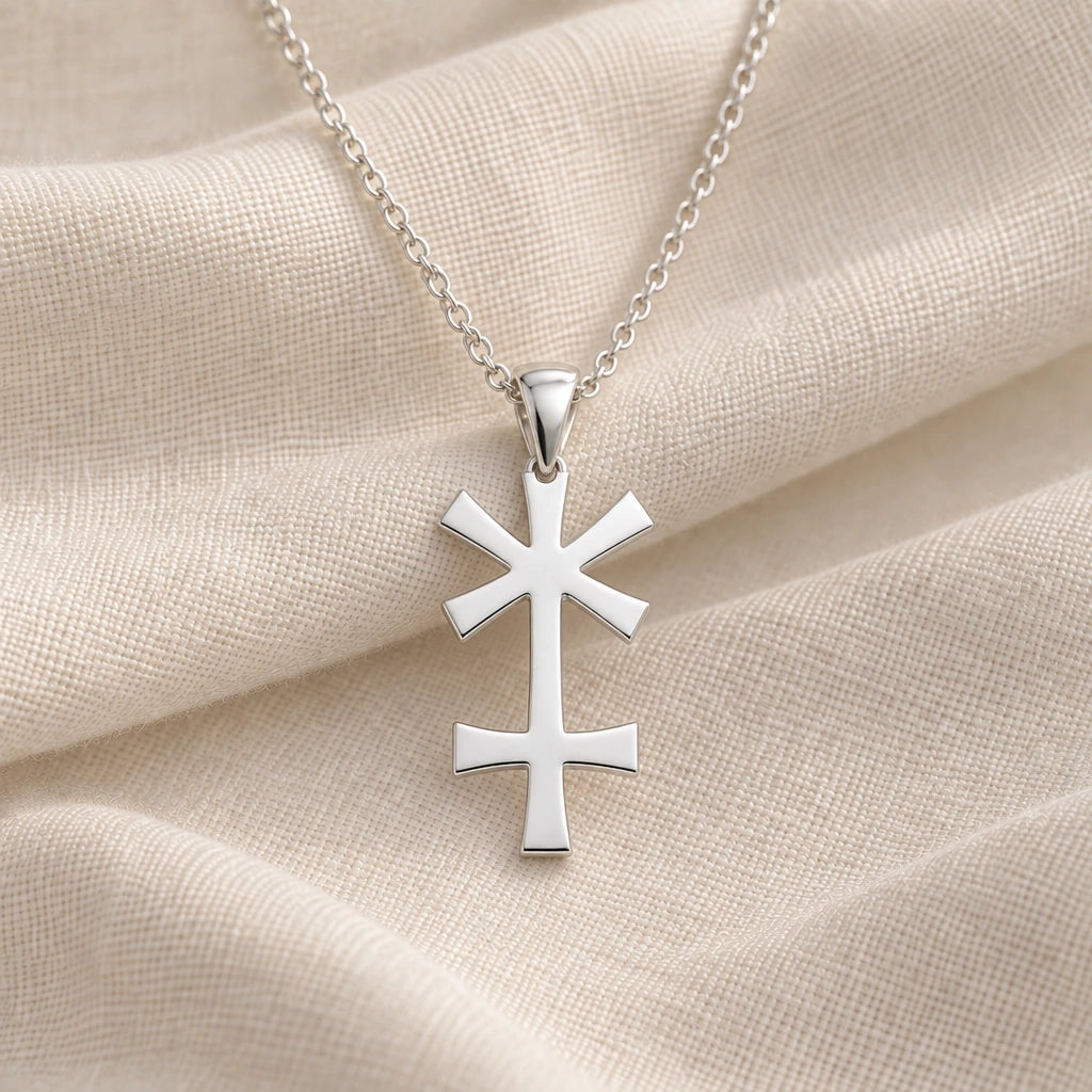 925 sterling silver juno asteroid symbol pendant necklace on cream fabric