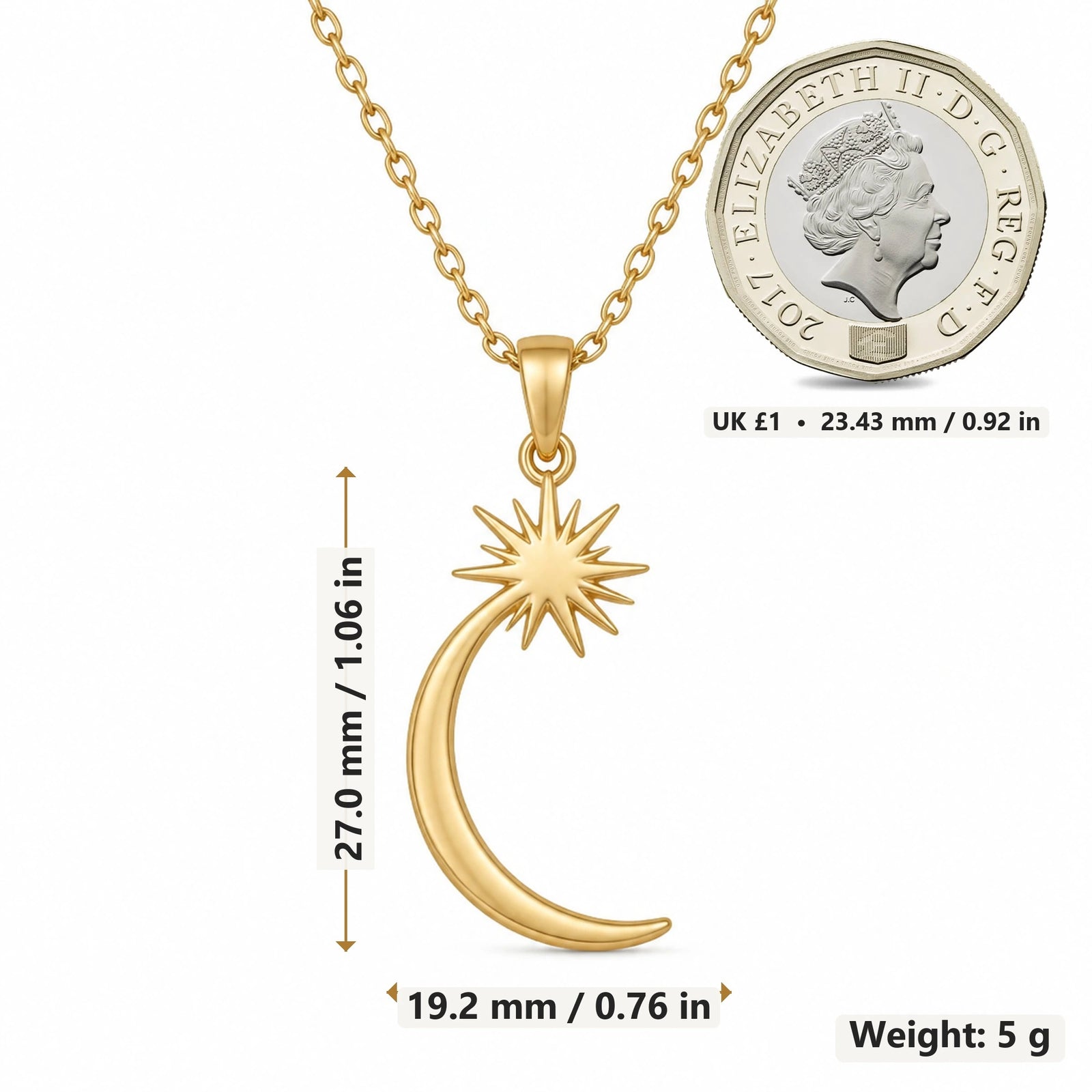 Crescent Moon Sunburst pendant necklace size image showing 27.0 mm height, 19.2 mm width and 5 g weight