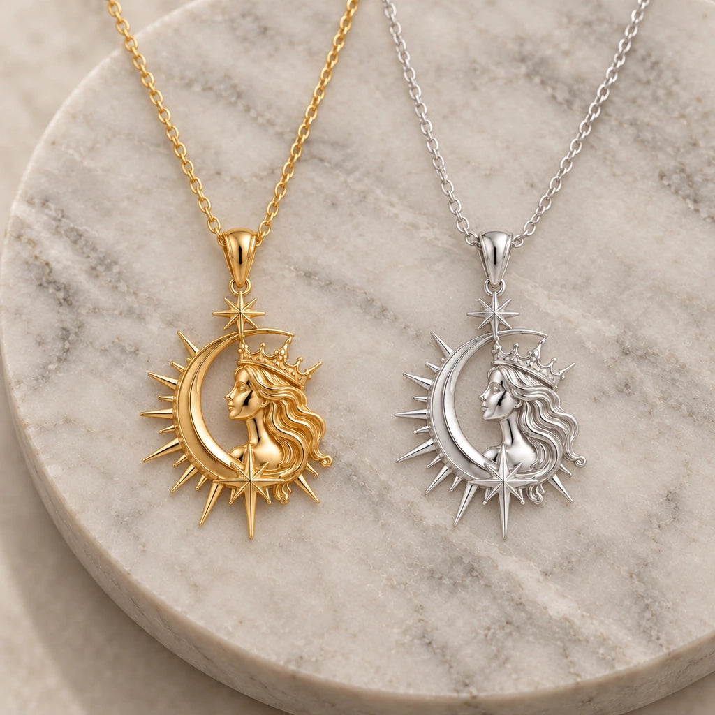 Cosmic Queen Moon pendant necklace in silver and gold finishes side by side