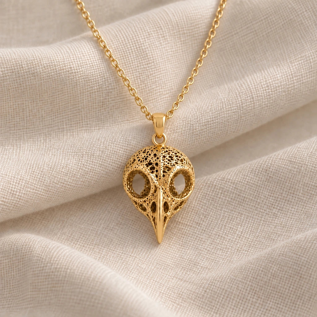 Ancient Owl Skull pendant necklace in an 18k gold plated finish