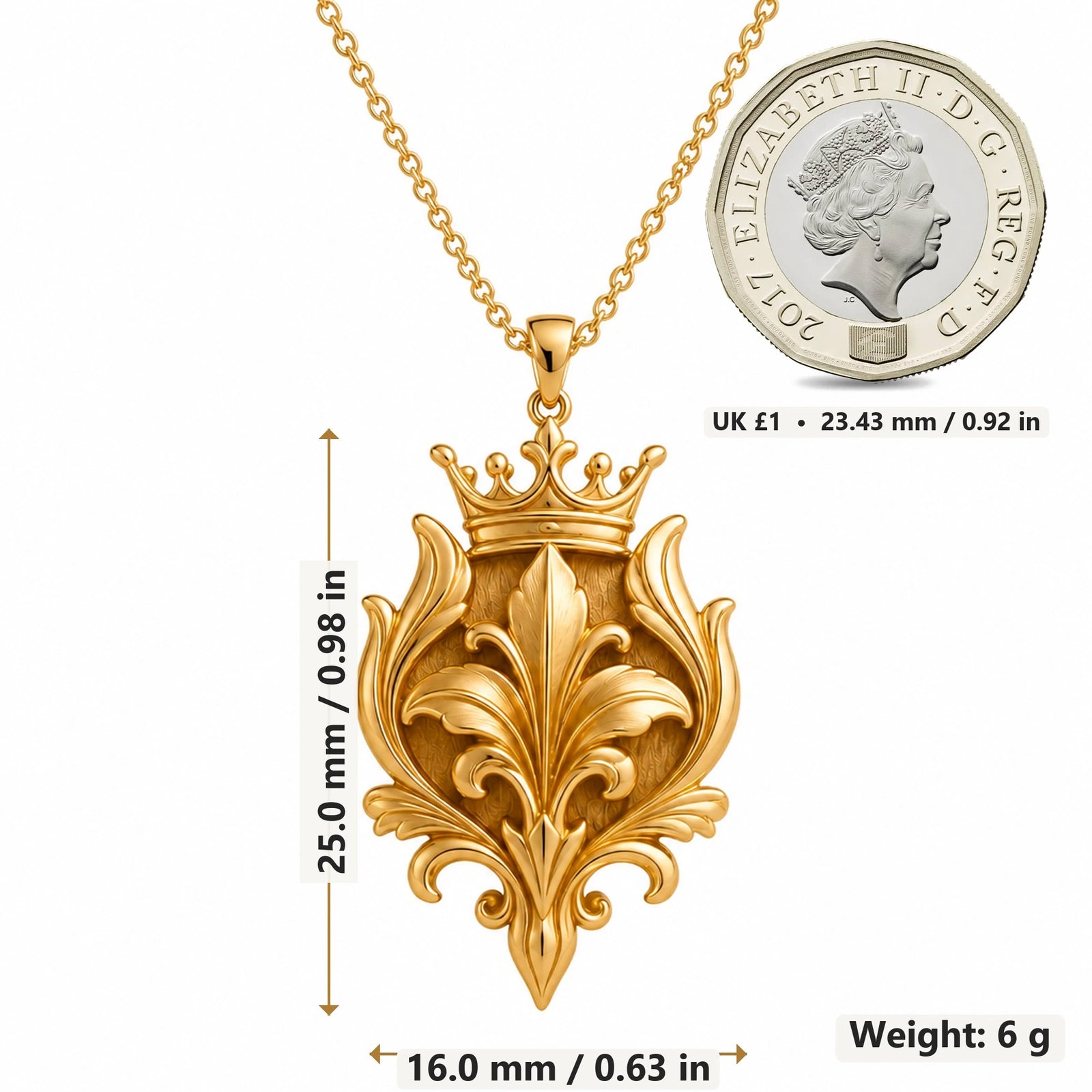 Royal Lily Crest pendant necklace size image showing 25.0 mm height, 16.0 mm width and 6 g weight