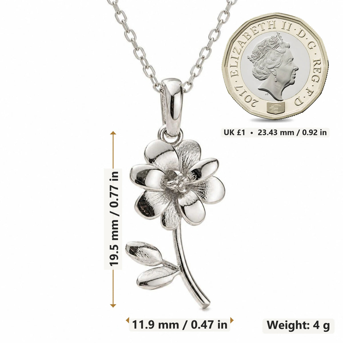 Cosmos Flower pendant necklace size image showing 19.5 mm height and 11.9 mm width and 4 g weight