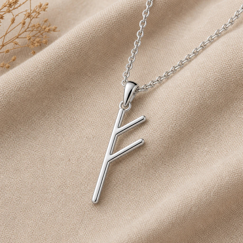 Viking Wealth Fehu Rune Pendant Necklace in sterling silver