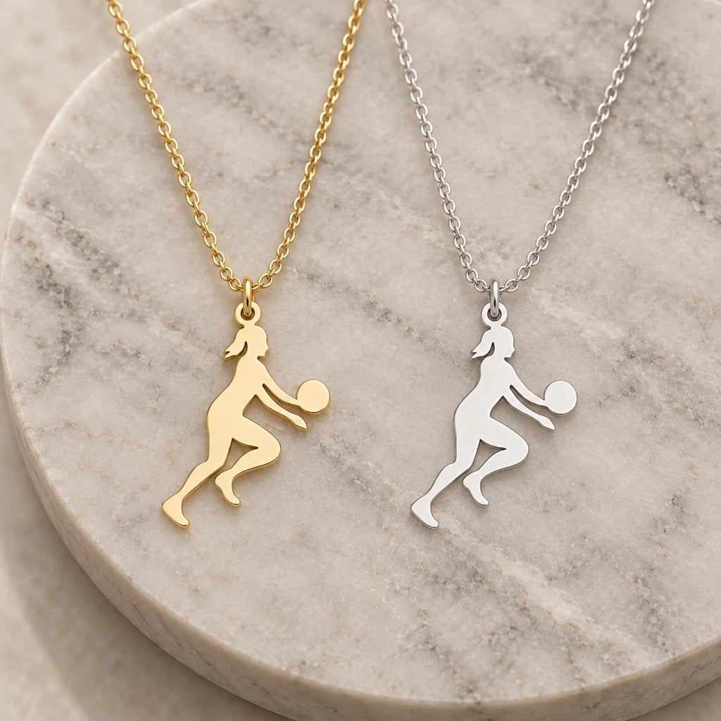 Volleyball Player pendant necklace in silver and gold finishes side by side
