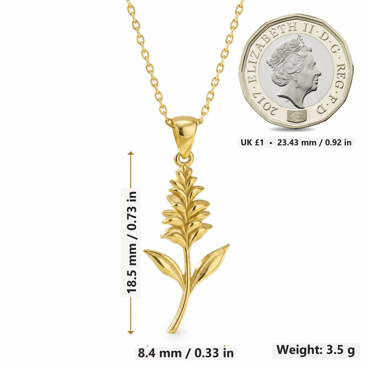 Salvia Flower pendant necklace size image showing 18.5 mm height and 8.4 mm width and 3.5 g weight