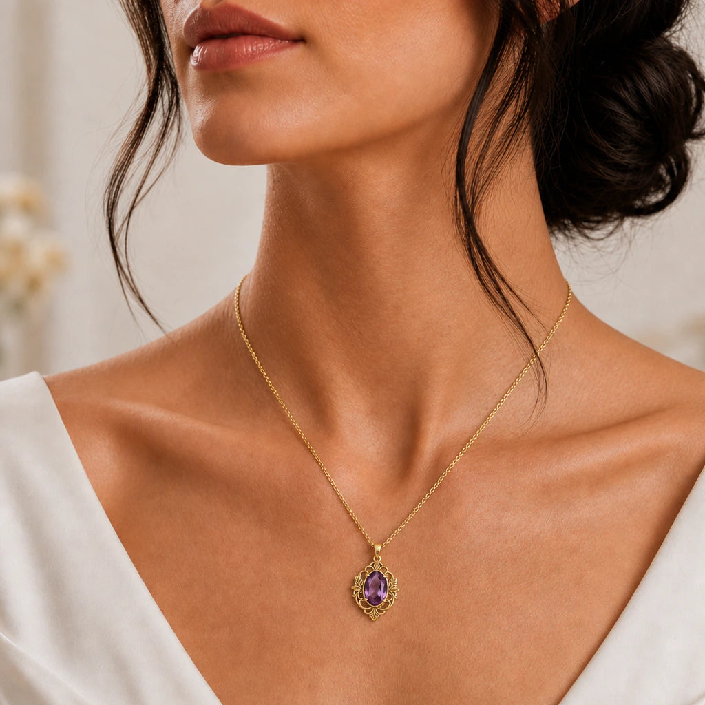 Leafy Oval Birthstone Pendant Necklace worn, second view
